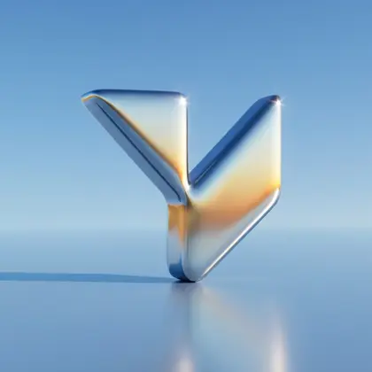The Vmotif mark rendered as polished liquid chrome against a blue sky
