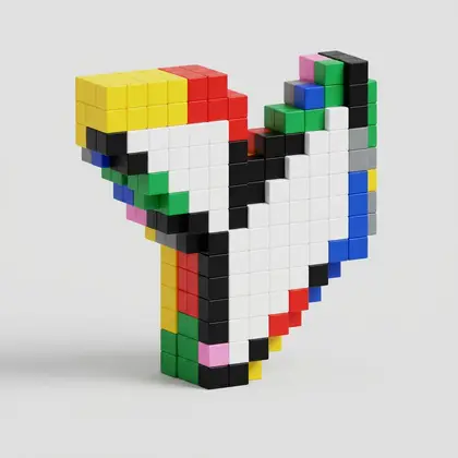 The Vmotif mark built from colourful voxel blocks