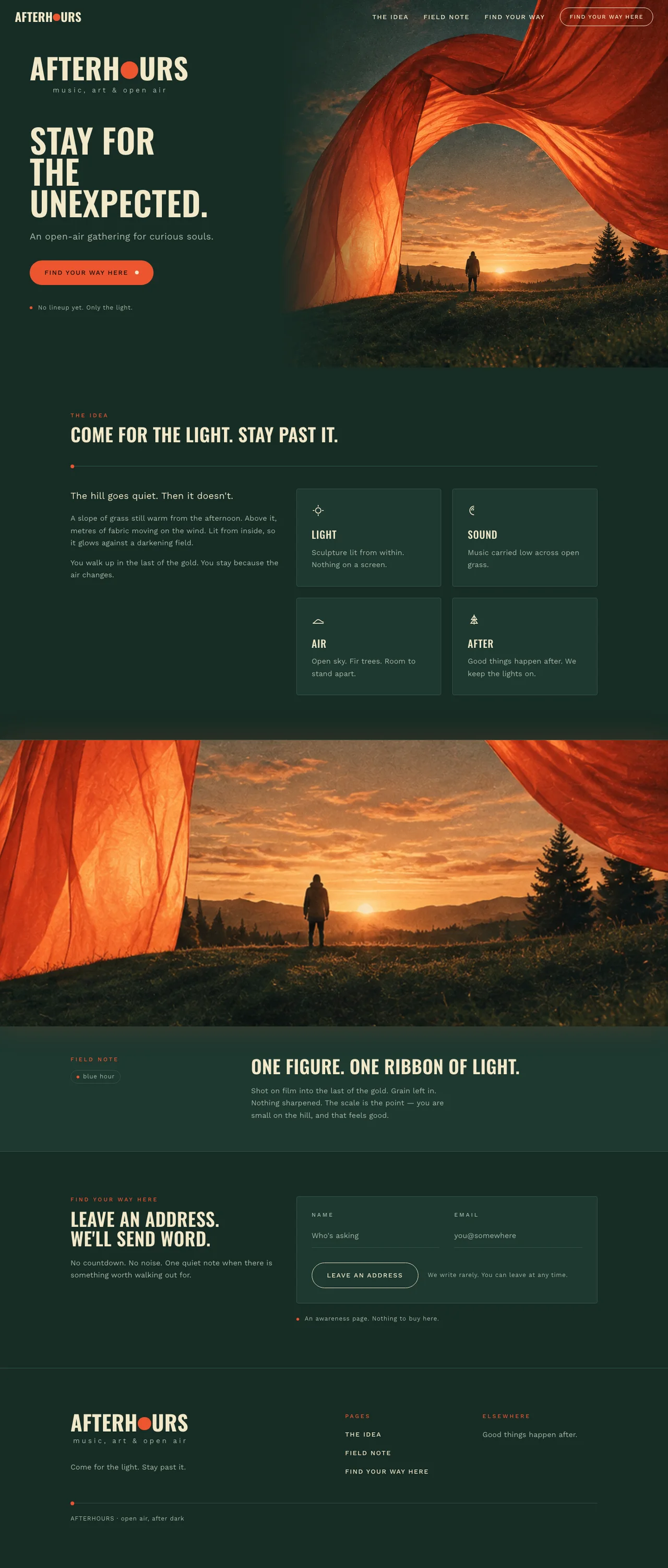 Generated AFTERHOURS launch page with brand navigation, the campaign headline and a call to action