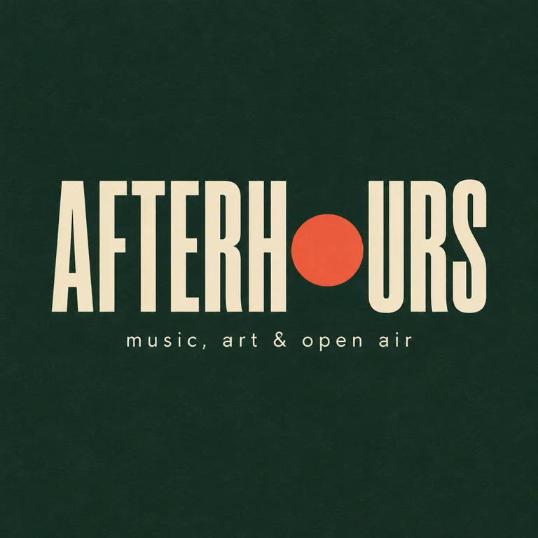 Reference identity card: the AFTERHOURS wordmark in cream condensed capitals on deep green with a vermilion dot