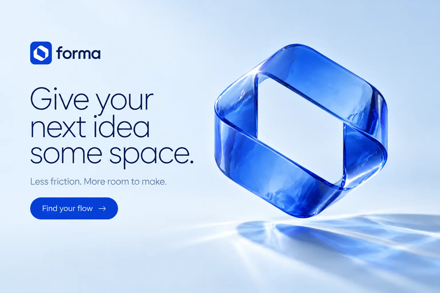 Generated hero: a translucent cobalt glass loop suspended over a pale icy surface, headline space on the left