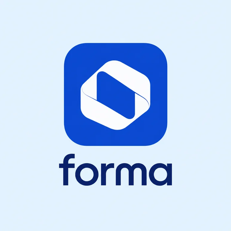 Reference brand mark: a cobalt app icon with a folded ribbon glyph above the lowercase forma wordmark