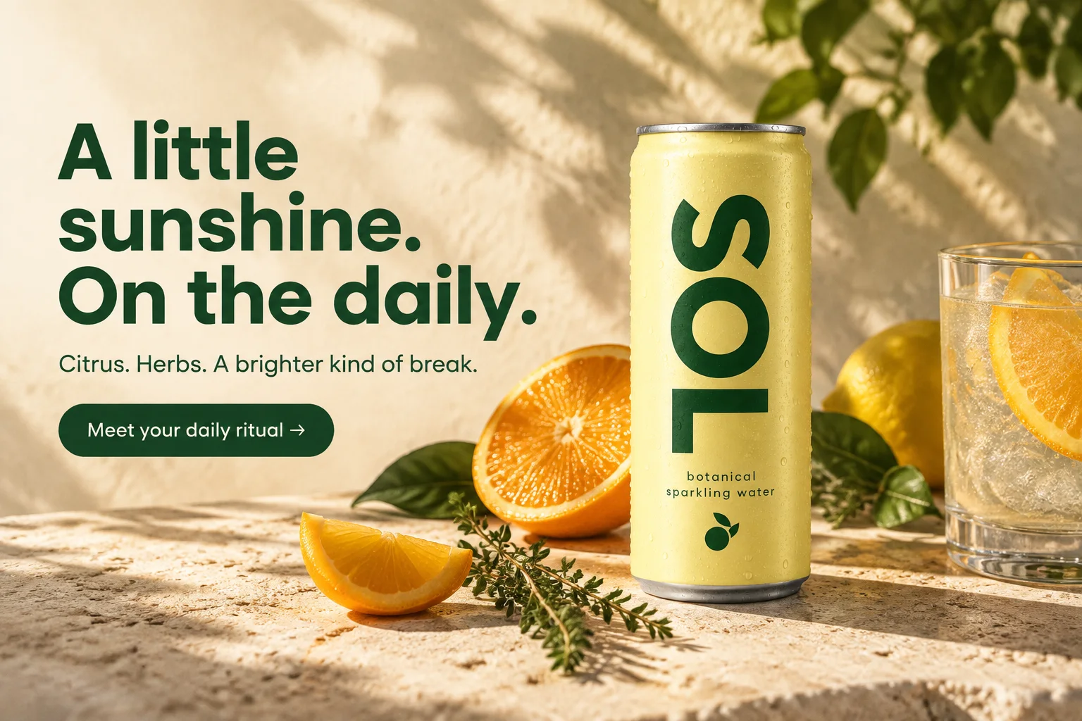 Generated hero: the SOL can on sunlit travertine beside sliced citrus, headline space on the left