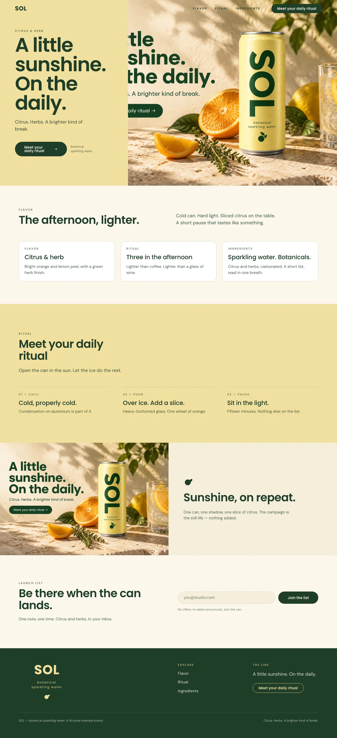 Generated SOL launch page with brand navigation, the campaign headline and a call to action