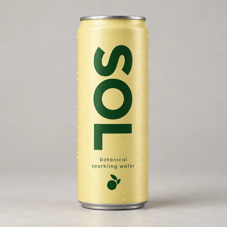 Reference packshot: a pale yellow SOL can with a green wordmark on a warm grey backdrop