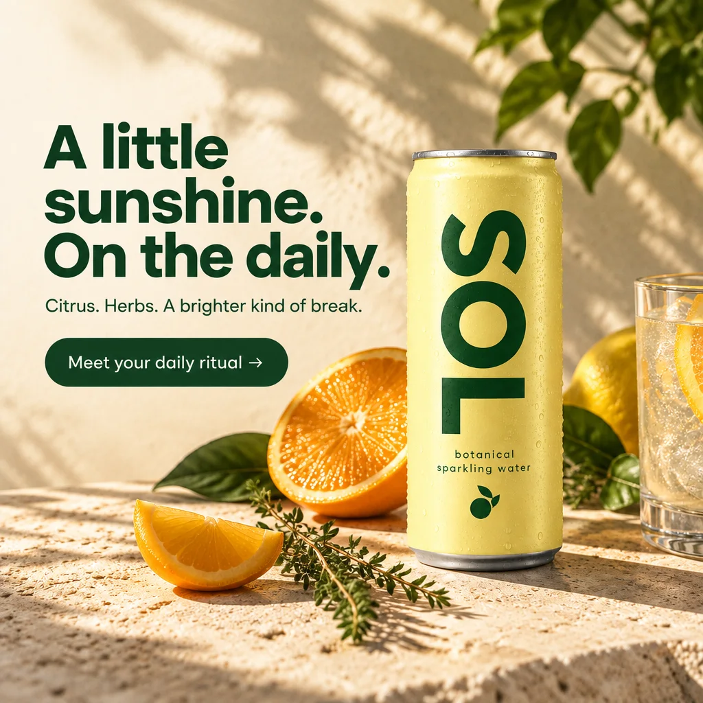 Generated square social creative for SOL with the campaign headline set over the sunlit can
