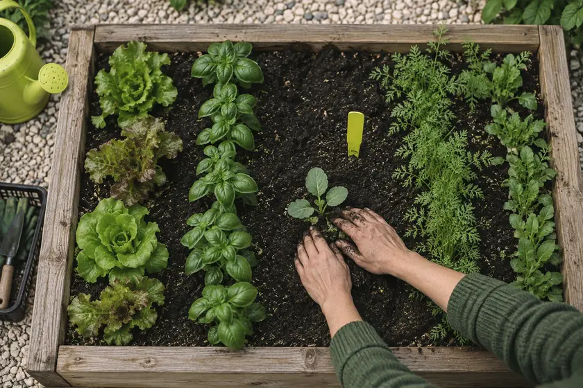 Hands planting a seedling in a raised garden bed, seen from above