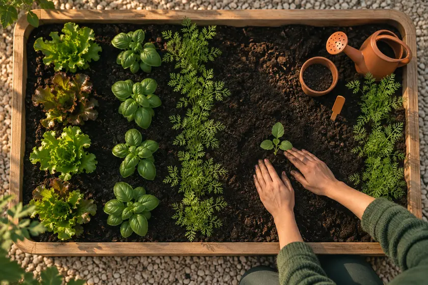 Hands planting a seedling in a raised garden bed, seen from above