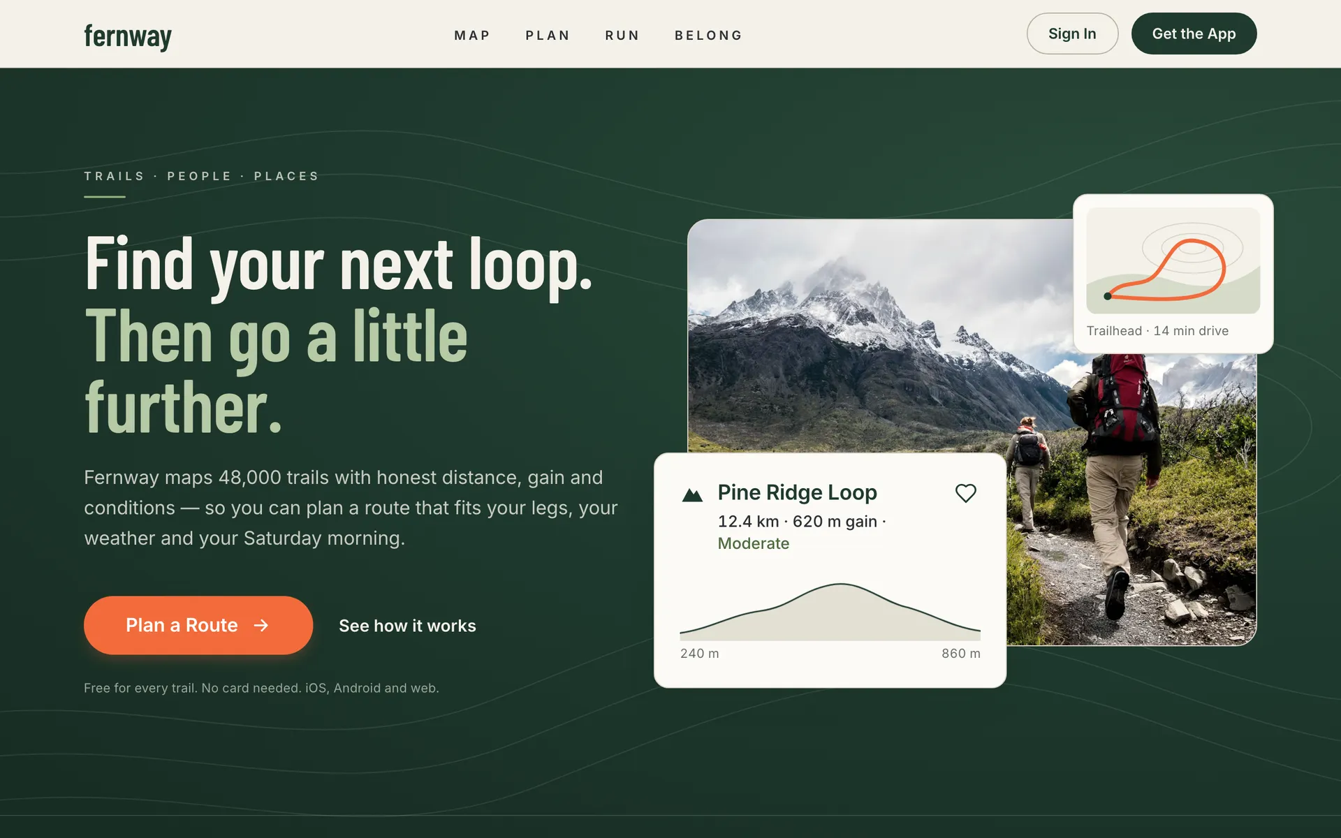 The same Fernway landing screen after one edit: a deep forest-green hero with a cream headline, the same photo and route cards, and the orange Plan a Route button