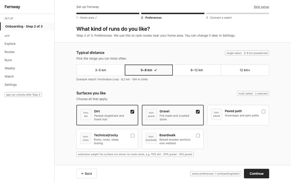 Onboarding Step 2 — Distance & Surfaces
